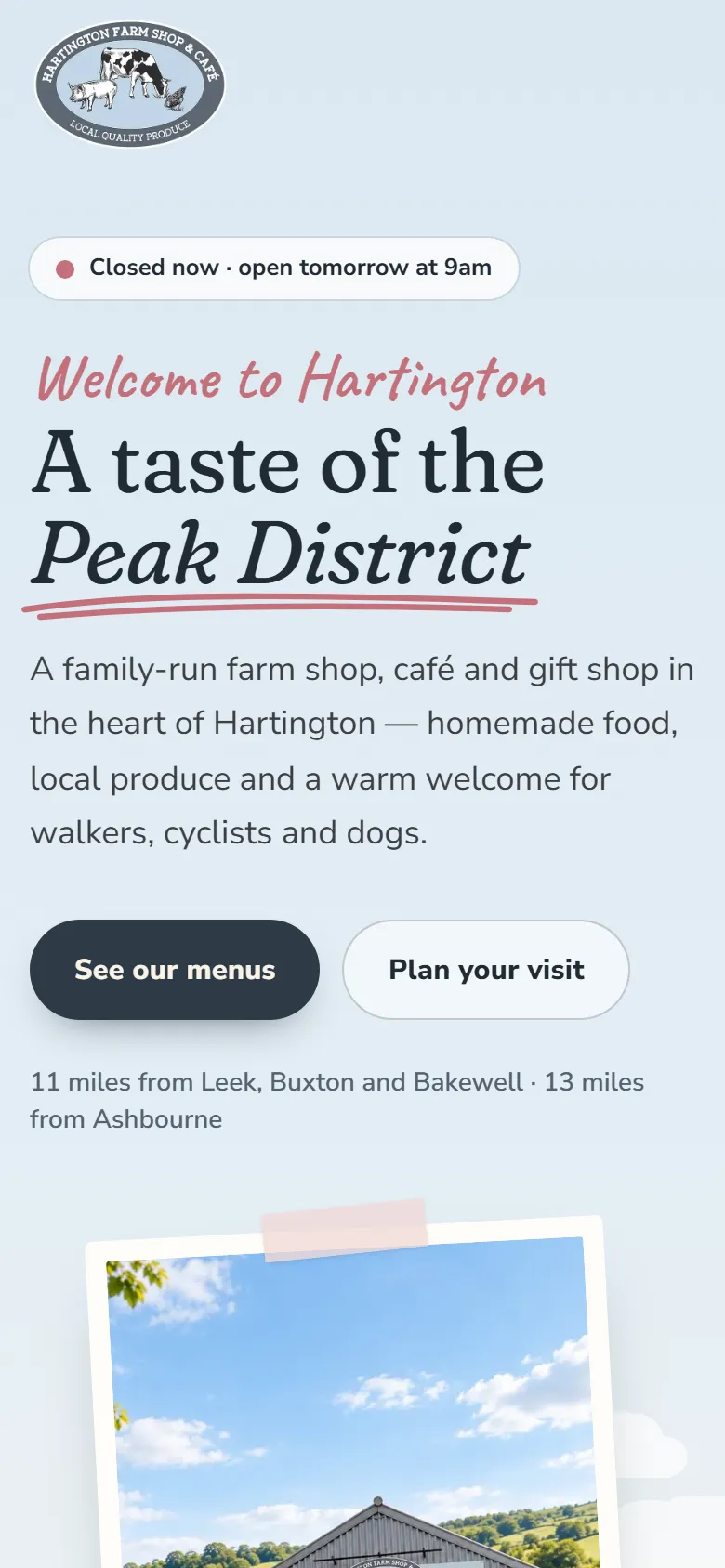 Hartington Farm Shop website on a phone